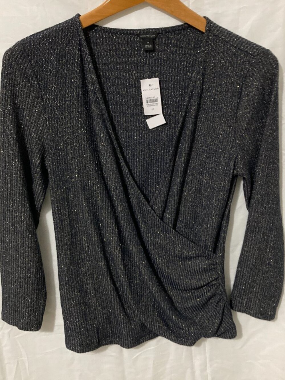 NWT Ann Taylor Wrap Top Black Sparle Body Con Long Sleeve V Neck Party Classic